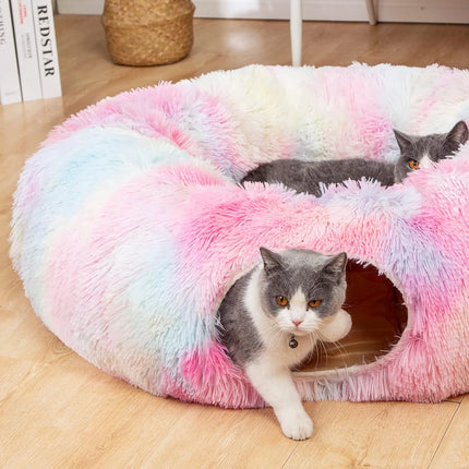 Cómoda cama túnel para gatos con cojín de felpa: nido plegable multifuncional para gatos de interior