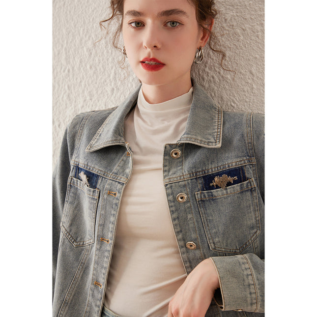 Chaqueta vaquera lavada retro de primavera con cuello vuelto
