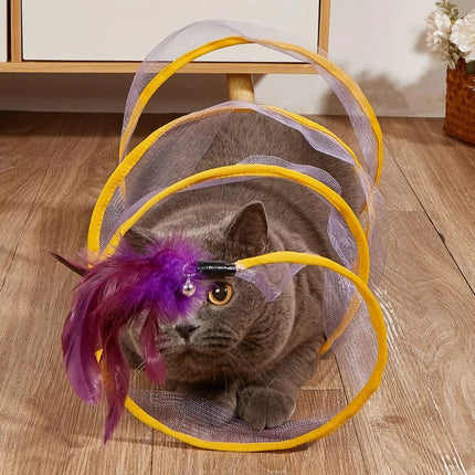 Tunnel interactif pour chat avec clochette et plume - Tunnel résistant aux morsures pour chats