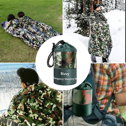 Saco de dormir de emergencia impermeable con camuflaje para acampar al aire libre y sobrevivir