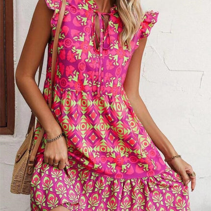 Printed Sleeveless Dress Summer Fashion V-Neck Lace-up Straight Dresses For Womens Clothing