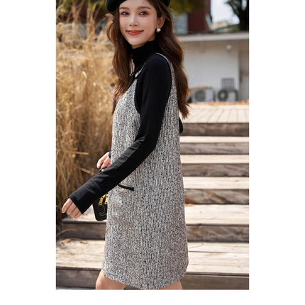 Robe élégante à bretelles en tweed longueur genou pour femme