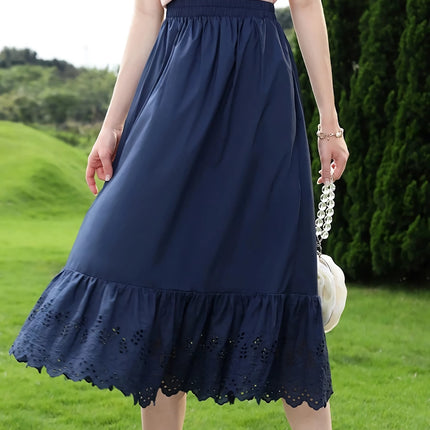 Blue High Waist A-line Cotton Lace Summer Skirt