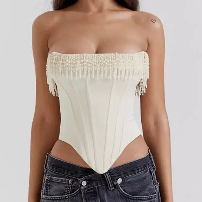 Chic Strapless Beaded Tassel Corset Top