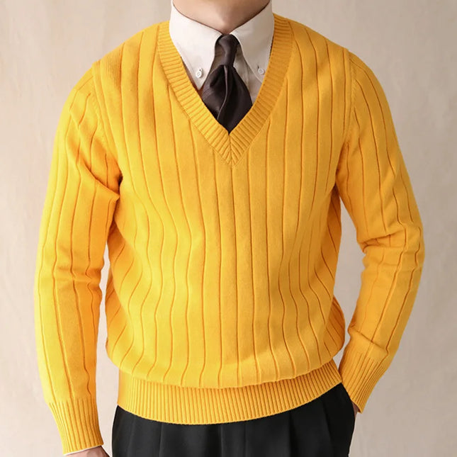 Men’s Winter Striped V-Neck Knit Sweater – Slim Fit Warm Pullover