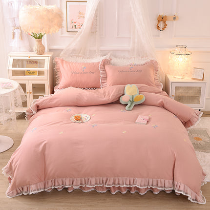 Summer Ruffled Cotton Four-piece Set Girl Heart Embroidery Flower Quilt Cover - Wnkrs