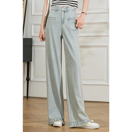 Pantalon d'été en denim taille haute à jambe large et rétro pour femme