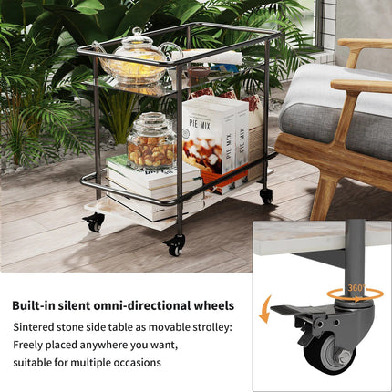 Luxury 2-Tier Rolling Bar Cart with Tempered Glass and Sintered Stone - Wnkrs