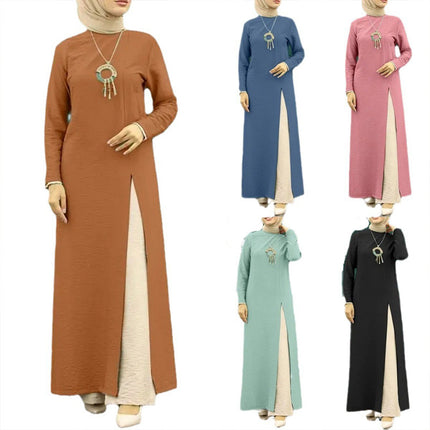 Robe en soie glacée froissée à manches longues et ourlet fendu haut pour femmes musulmanes