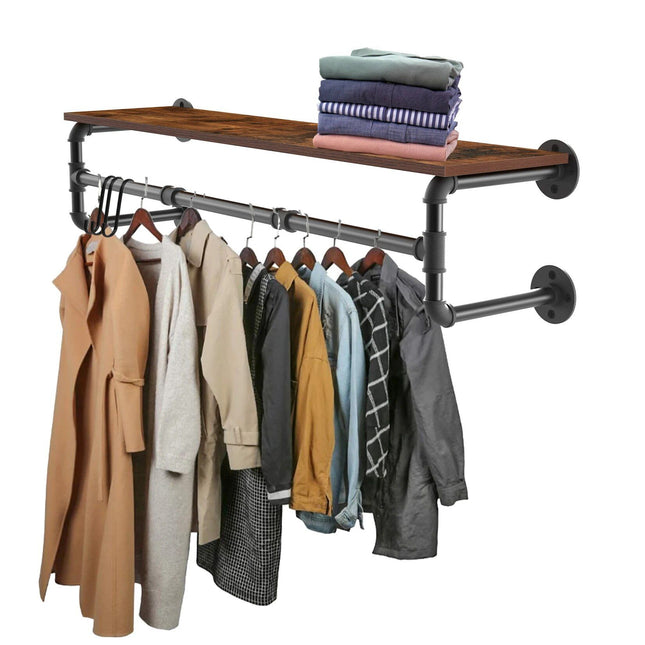 Wall-Mounted Industrial Pipe Clothing Rack with Wooden Shelf and Hooks - Wnkrs