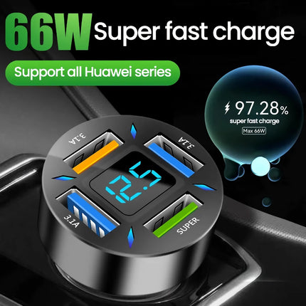 66W 4-Port USB Car Charger | Fast Charging PD Quick Charge 3.0