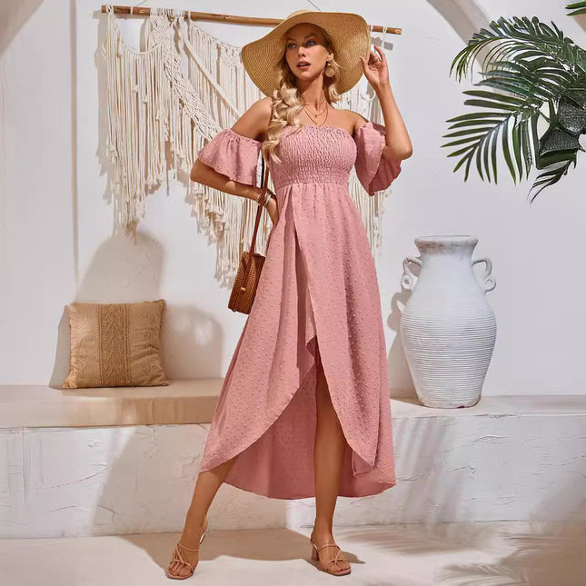 Robe sexy fendue à épaules dénudées, mode d'été, robes longues plissées à volants pour la plage, vêtements pour femmes