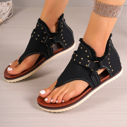 Denim Thong Sandals With Rear Zipper Summer Retro Beach Flat Shoes For Women