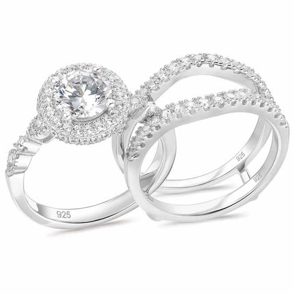 Genuine 925 Sterling Silver Round Shape Wedding Rings Set with AAAAA Cubic Zirconia - Wnkrs