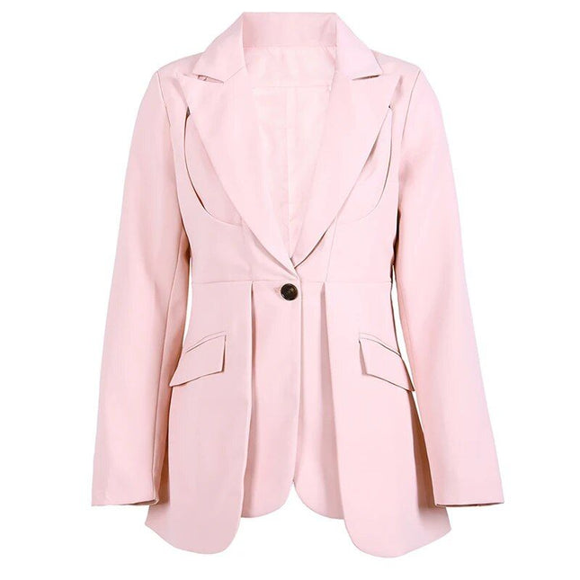 Blazer uni pour femme avec col cranté et plis uniques