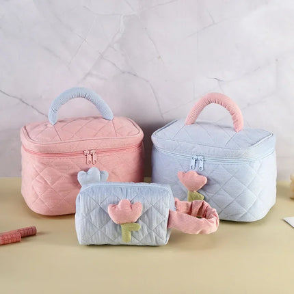 Bolso de cosméticos de pana con flores de tulipán para mujer