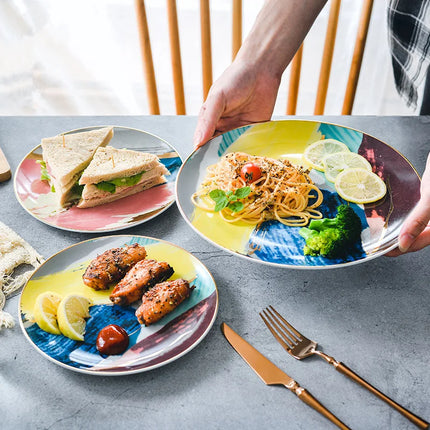 Service de table 6 pièces en forme de nuage coloré avec incrustations dorées - Assiettes à dîner et à dessert en céramique