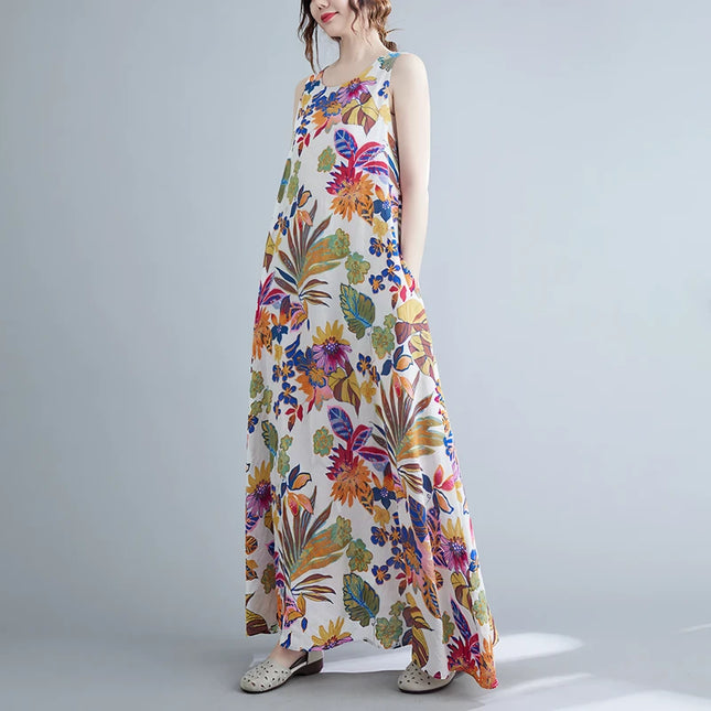 Floral Print Cotton Linen Long Dress