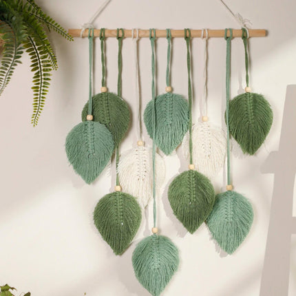 Tapisserie Boho en macramé avec feuilles