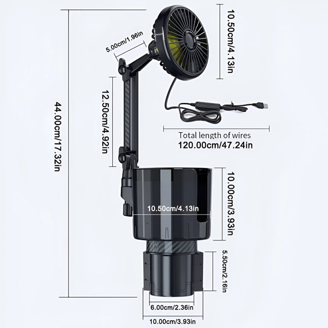 Ventilador portavasos para automóvil 2 en 1 con enfriamiento ajustable y carga USB