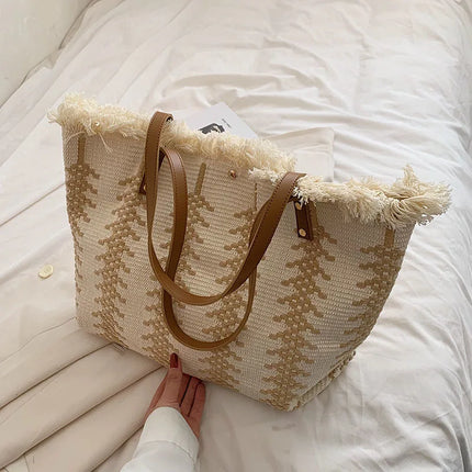 Sac fourre-tout à franges en toile de grande capacité