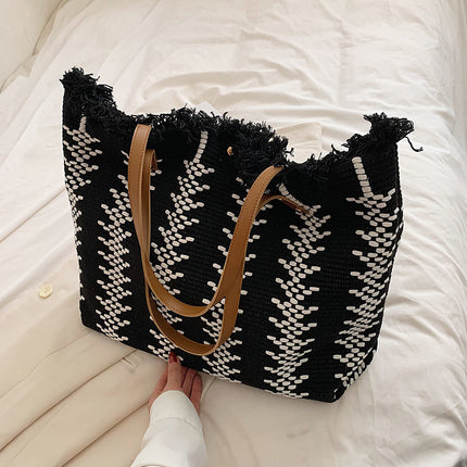 Sac fourre-tout à franges en toile de grande capacité