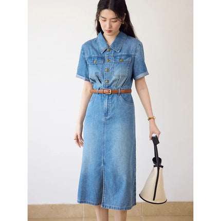 Robe chemise à manches courtes et col polo bleu denim