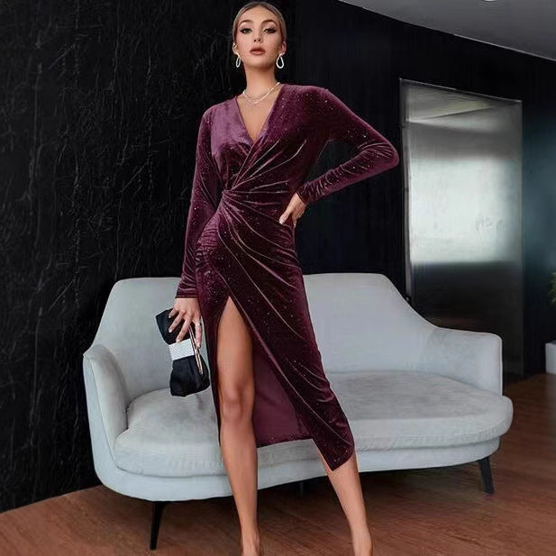Robe de soirée asymétrique à col en V pour femme, en velours doré