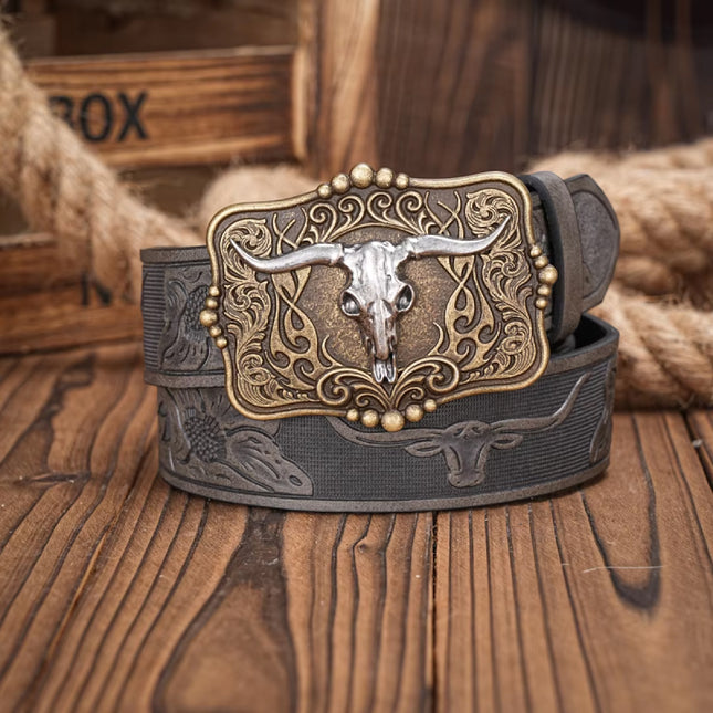 Ceinture en cuir PU style cowboy western avec décoration de taureau et gravure florale