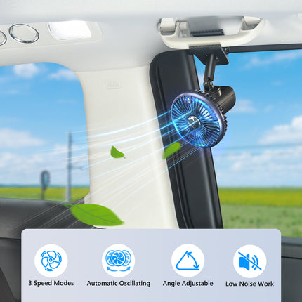 Portable 2000mAh Battery-Powered Car Cooling Fan with RGB Ambient Light & Automatic Swivel