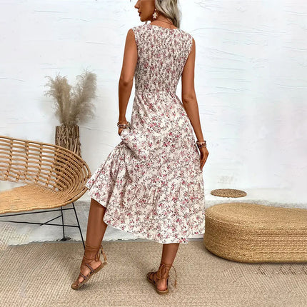 Floral Flounce Slim Sleeveless Long Dress