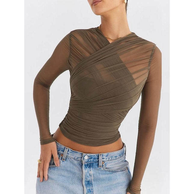 Camiseta sexy de manga larga con escote en V y malla transparente