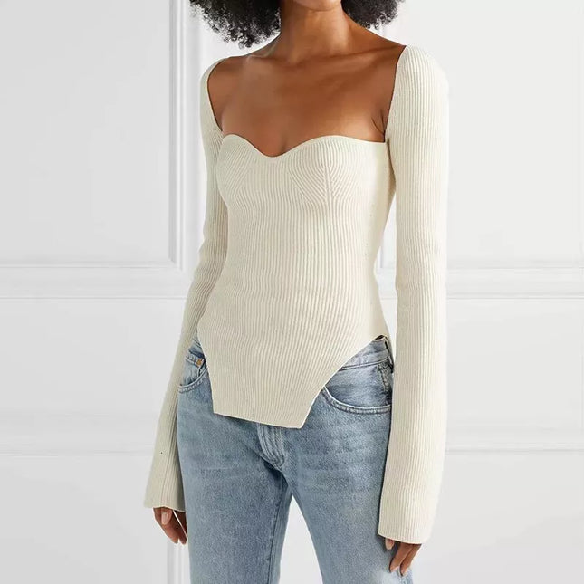 Pull en maille blanc élégant avec fente latérale et col carré