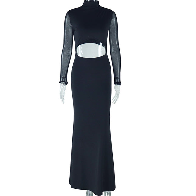 Mesh Stitching Long Sleeves Hollow-out Dress