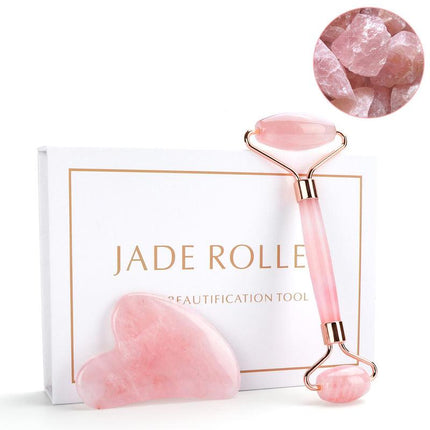 Juego de rodillo de jade y gua sha de cuarzo rosa natural