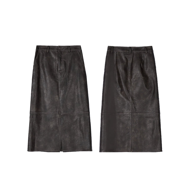 Falda de cintura alta de PU marrón de longitud media: estilo elegante de otoño