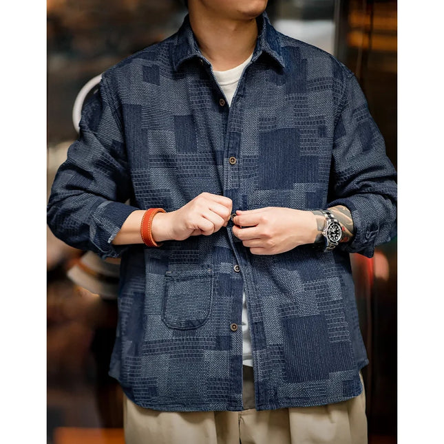 Chemise en jean à épissure jacquard rétro américaine