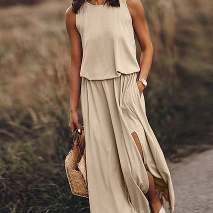 Women's Round Neck Sleeveless Split Solid Color Dress