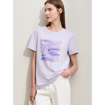 Camiseta informal de mujer con cuello redondo y bordado: letras estampadas con arte