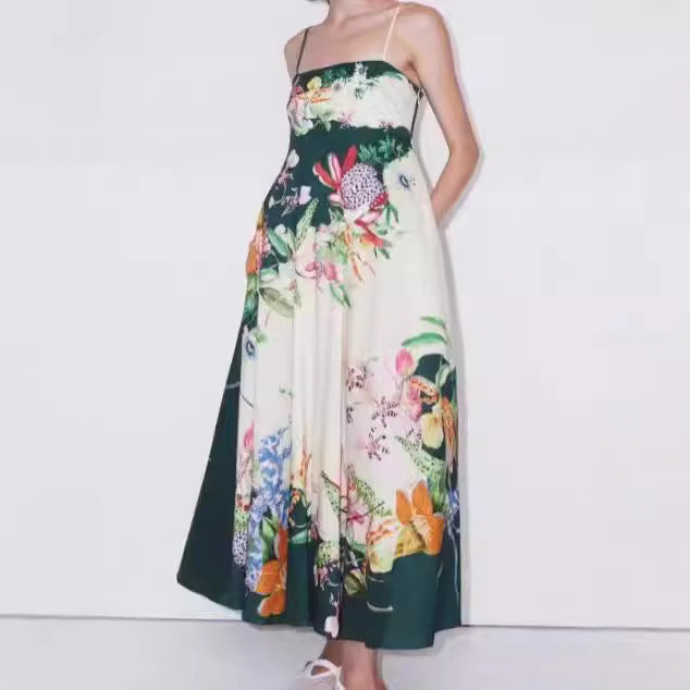 Vestido holgado con bolsillos y estampado floral con tirantes finos para vacaciones