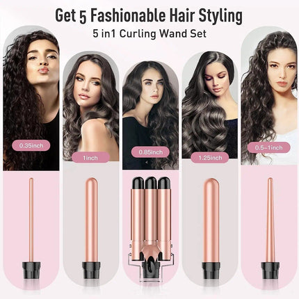 5-in-1 Multi-Function Curling Wand with 3-Barrel Crimper & Fast Heating - Wnkrs