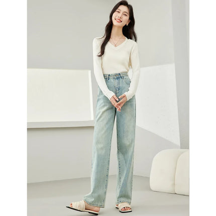 Pantalon en jean taille haute à jambe large pour femme - Pantalon décontracté bleu clair rétro