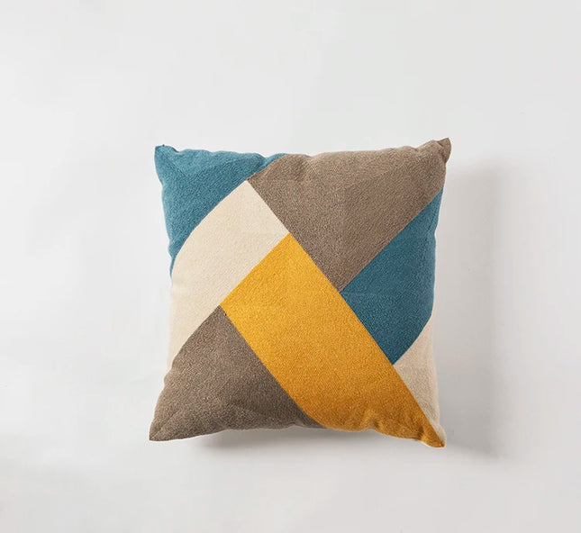 Housse de coussin en coton brodé géométrique 45x45 pouces - Motif abstrait bleu, jaune, gris