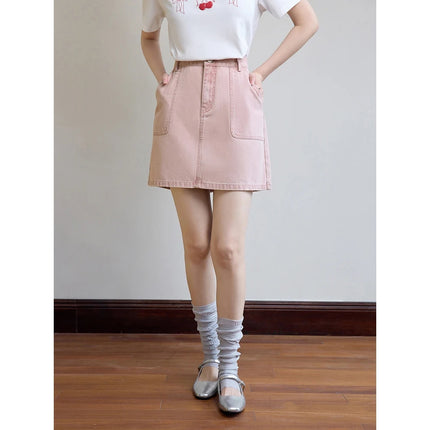 High Waist Pink Denim A-Line Mini Skirt