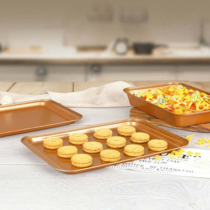 Original Cookie Sheet & Roasting Tray Set - 3 Pcs Toxic Free NONSTICK - Organic Environmental Friendly Premium Coating - Durable Quality - 2 X Baking Sheets 1 X Roasting Pan - BAKEWARE - Wnkrs