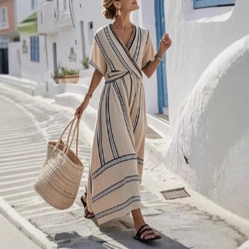 Summer Vacation V-Neck Womens Short-Sleeve Pleated Maxi Dress