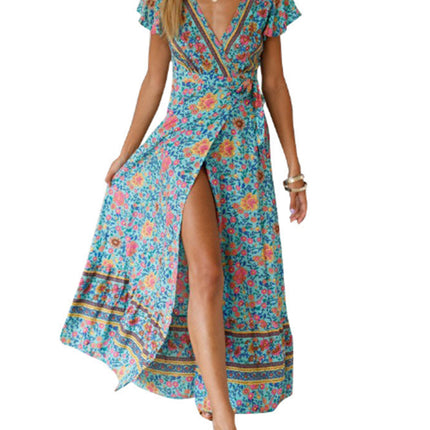 V-neck Split Bohemian Print Dress