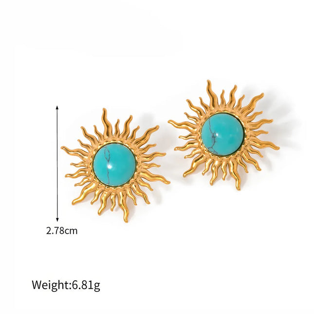 Boucles d'oreilles pendantes en forme de tournesol avec incrustations de turquoise plaquées or