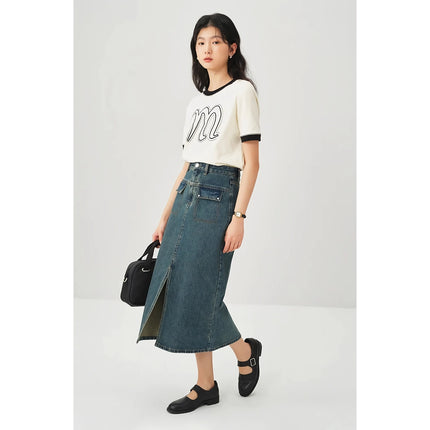 Vintage Washed Cotton Denim Skirt for Women