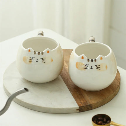 Tasse en céramique en forme de chat mignon – Tasse à café et à thé peinte à la main de 380 ml avec cuillère